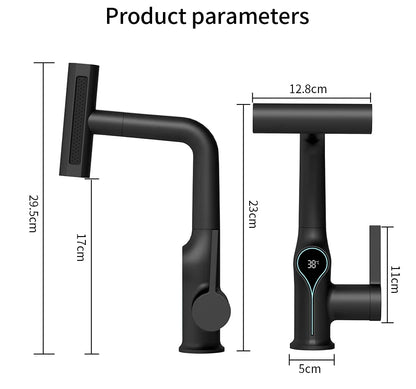 Black matte smart kitchen faucet with digital display showing 38°c and integrated spray head for bathroom sink
