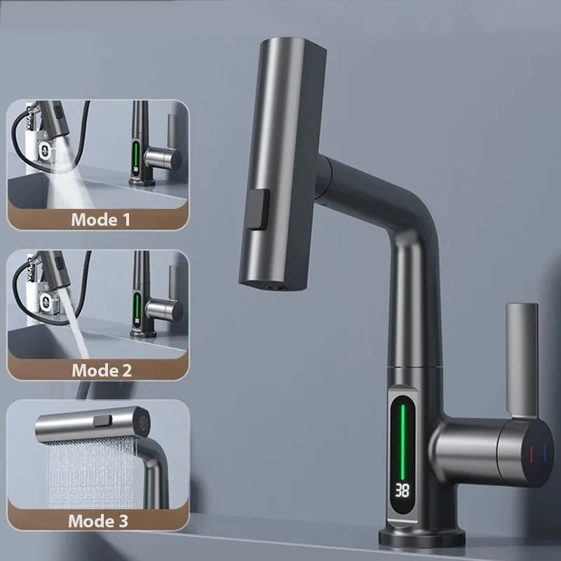 Modern matte black single hole basin faucet with digital temperature display and adjustable spray modes for cold water use