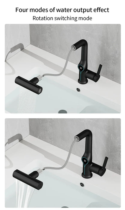 Black waterfall basin faucet with digital temperature display and rotating handle for four water modes integrated mixer