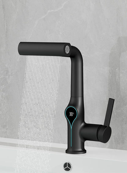 Black matte finish smart waterfall temperature digital display basin faucet with curved spout and hot cold water mixer