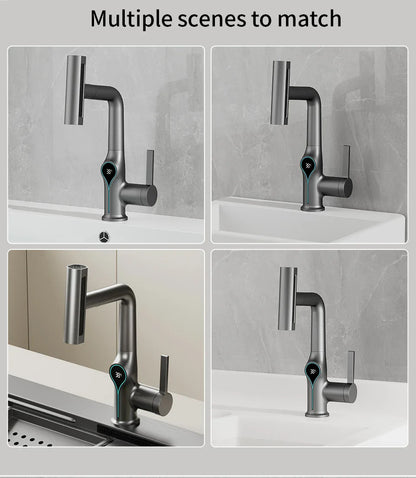 Modern matte black basin faucet with digital temperature display handle and sleek minimalist design for bathroom use