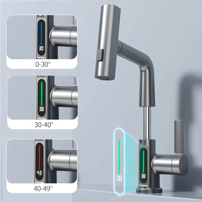 Modern stainless steel single hole basin faucet with digital temperature display showing 38 degrees for cold water use
