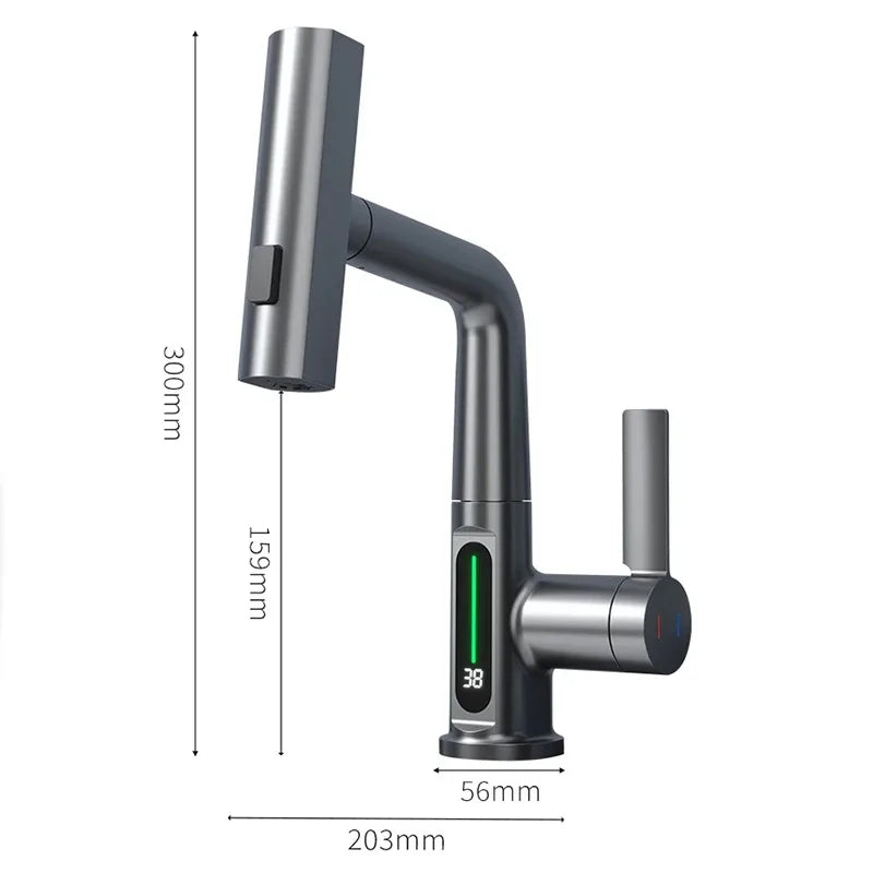 Modern matte black and brushed stainless steel single hole waterfall basin faucet with digital temperature display for cold water