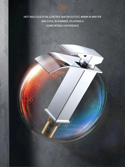 Modern chrome-finished stainless steel wash basin faucet with sleek angular design and dual hot and cold controls