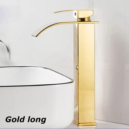 Gold stainless steel long faucet with sleek modern design for wash basin in bathroom with hot and cold water control