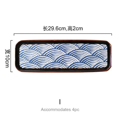 Rectangular ceramic tray with a traditional blue and white wave pattern and dark brown border for seasoning set decorbites blue ceramics