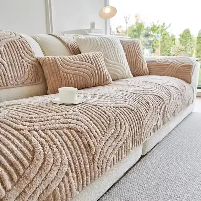Beige textured sofa cover with a wavy ribbed cream plush pattern for living room set and blanket use