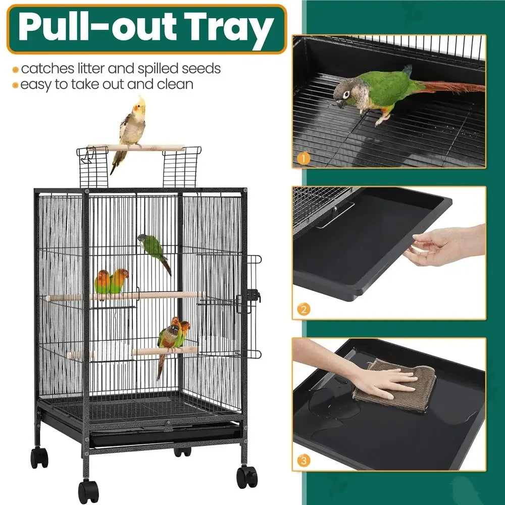 DecorBites 31 inch black metal bird cage with wheeled open top and pull-out tray designed for small-sized birds