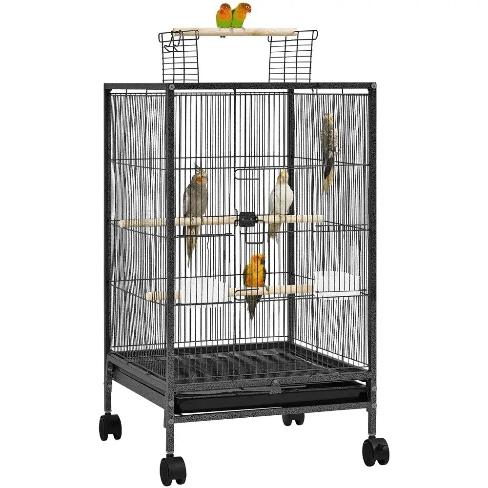 Black metal bird cage with wheels and multiple perches for small-sized birds by decorbites 31 inch open top bird cage