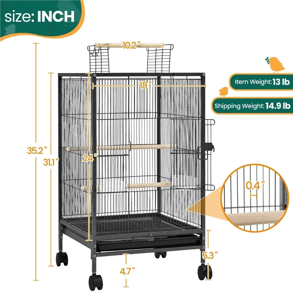 Black metal bird cage with wooden perches and wheels by DecorBites for small-sized birds and parrots