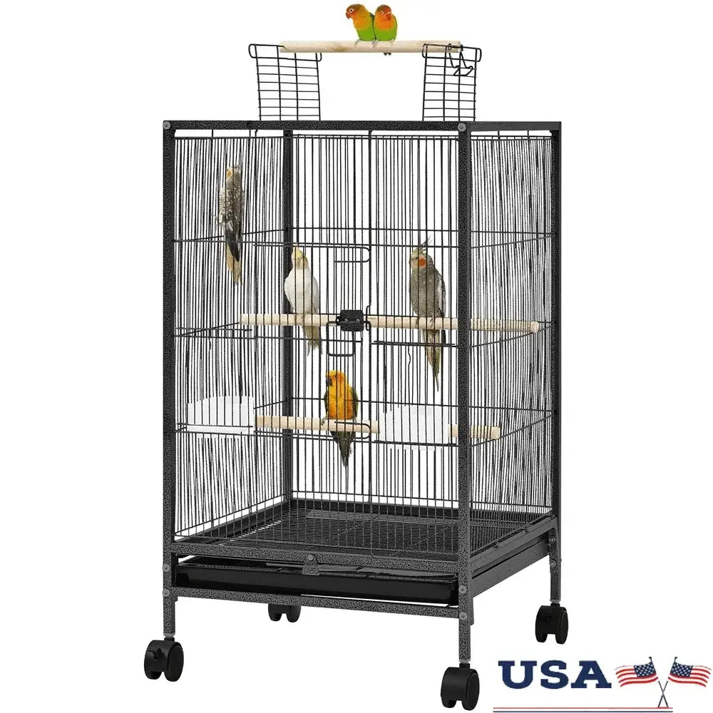 Black metal bird cage with wooden perches and wheels designed for small-sized birds by DecorBites 31 inch model