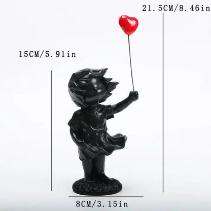 Black resin balloon girl tank figurine holding red heart balloon whimsical resin statues for living room decor