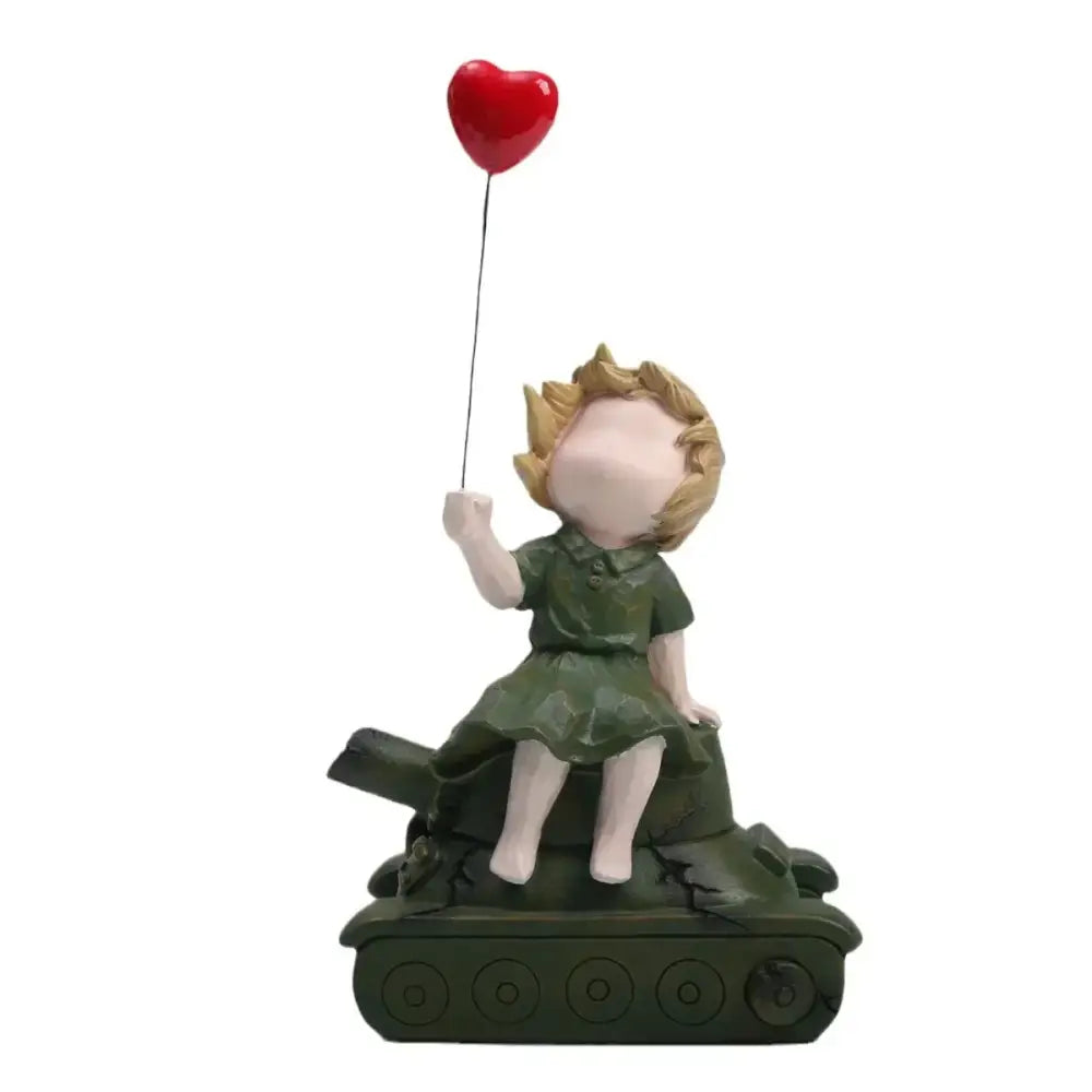 Whimsical balloon girl tank resin statue of a blonde child in green dress holding red heart balloon for living room decor