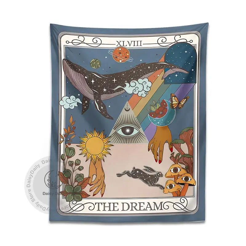A blue decorbites dream tarot tapestry featuring mystical celestial elements for bedroom wall art decor