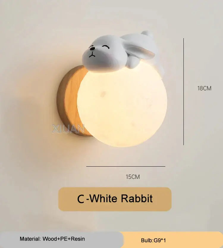 Cute white rabbit-themed wall lamp with glowing moon base and wooden accent for kids bear wall lamp decor