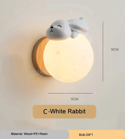 Cute white rabbit-themed wall lamp with glowing moon base and wooden accent for kids bear wall lamp decor