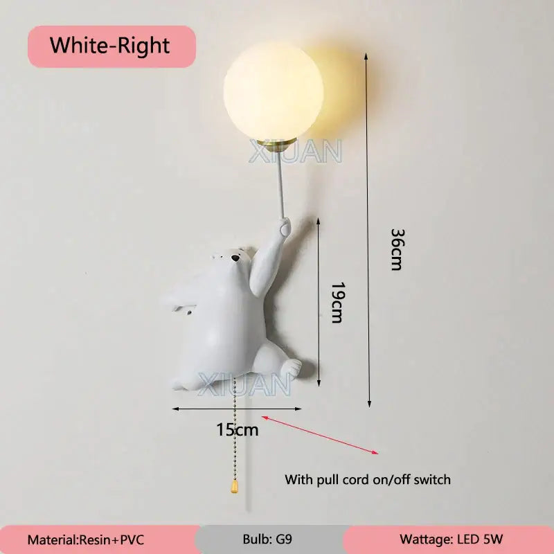 White resin and pvc bear wall lamp with spherical led bulb in whimsical blue pink and white design for kids bedroom wall lamp