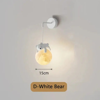 Whimsical blue pink and white bear wall lamp with glowing textured moon base for kids bedroom wall lamp decor