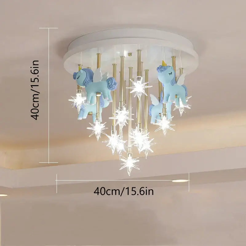 Light blue anime animal ceiling light with gold rods and star-shaped crystals for kids bedroom decorbites anime animal