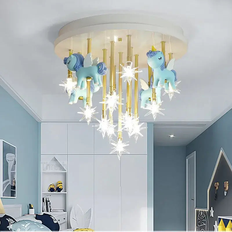 Light blue unicorn-shaped anime animal ceiling light with gold accents and starburst lights for kids bedroom decorbites