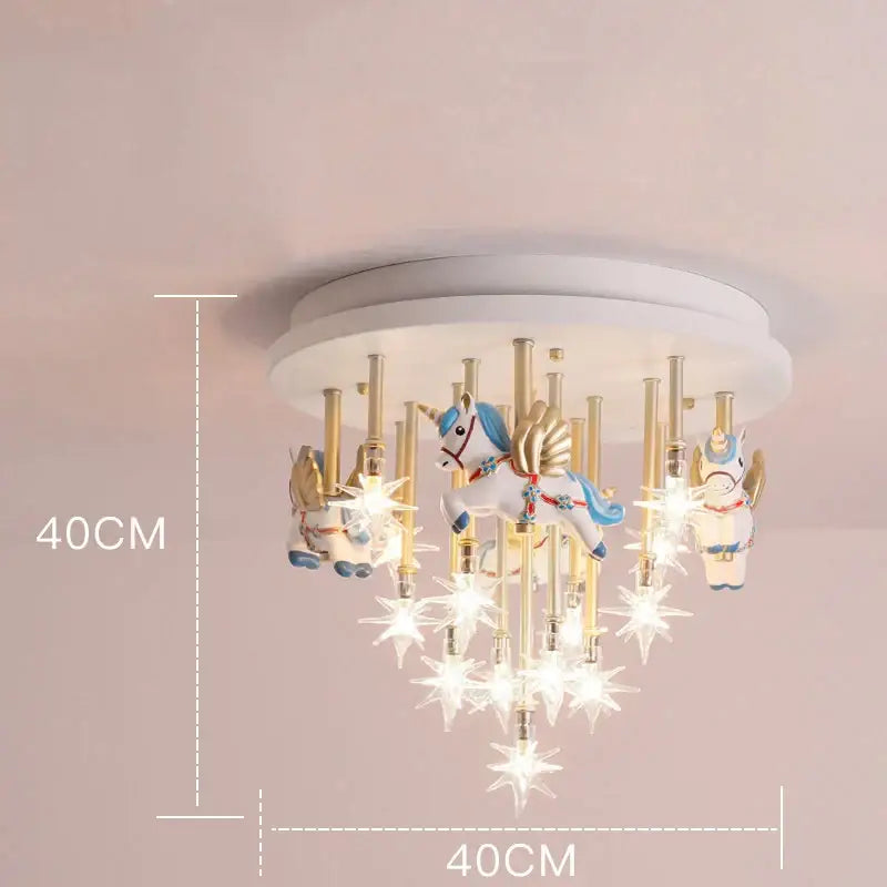 Whimsical blue and white anime animal ceiling light with painted ceramic unicorns and glowing star ornaments for kids bedroom decorbites anime animal ceiling
