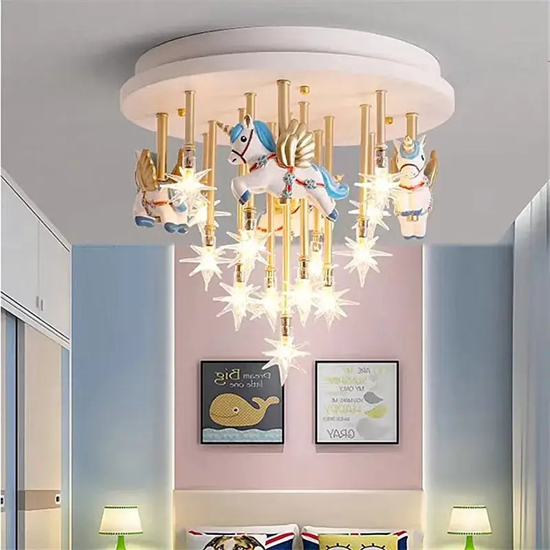 Whimsical blue and white anime animal ceiling light with golden poles and star-shaped glass shades for kids bedroom decorbites anime animal ceiling
