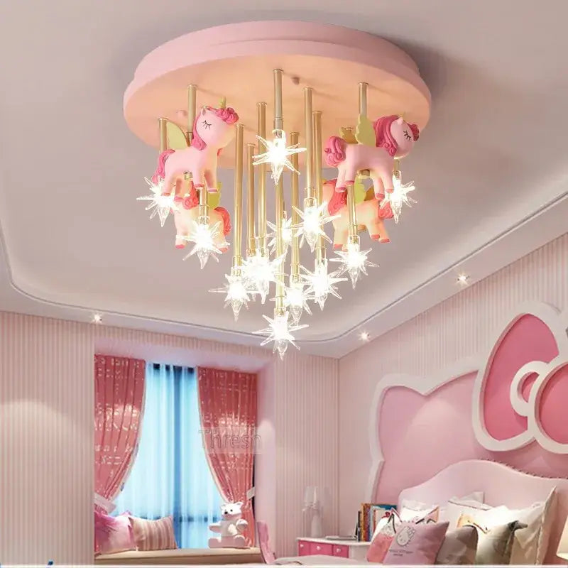 Pink and gold unicorn-themed anime animal ceiling light fixture with star-shaped bulbs for kids bedroom decorbites anime animal ceiling