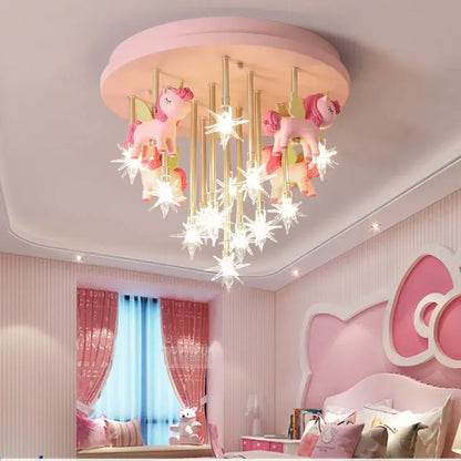 Pink and gold unicorn-themed anime animal ceiling light fixture with star-shaped bulbs for kids bedroom decorbites anime animal ceiling