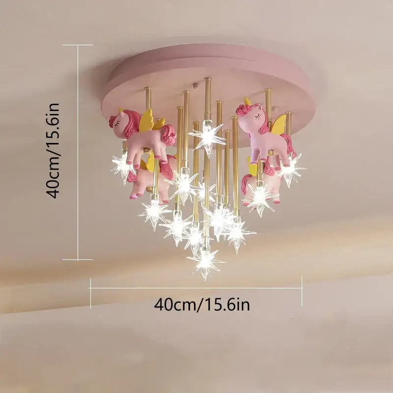 Pink unicorn-themed ceiling light fixture with golden poles and star-shaped led bulbs for decorbites anime animal ceiling