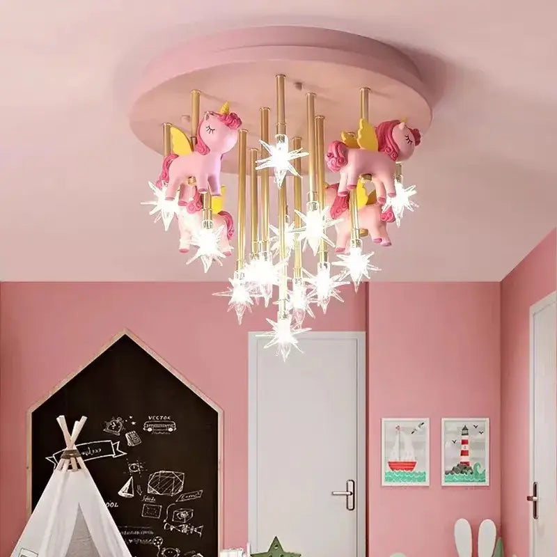 Pink unicorn-themed anime animal ceiling light with golden poles and star-shaped glass elements for kids bedroom decorbites anime animal