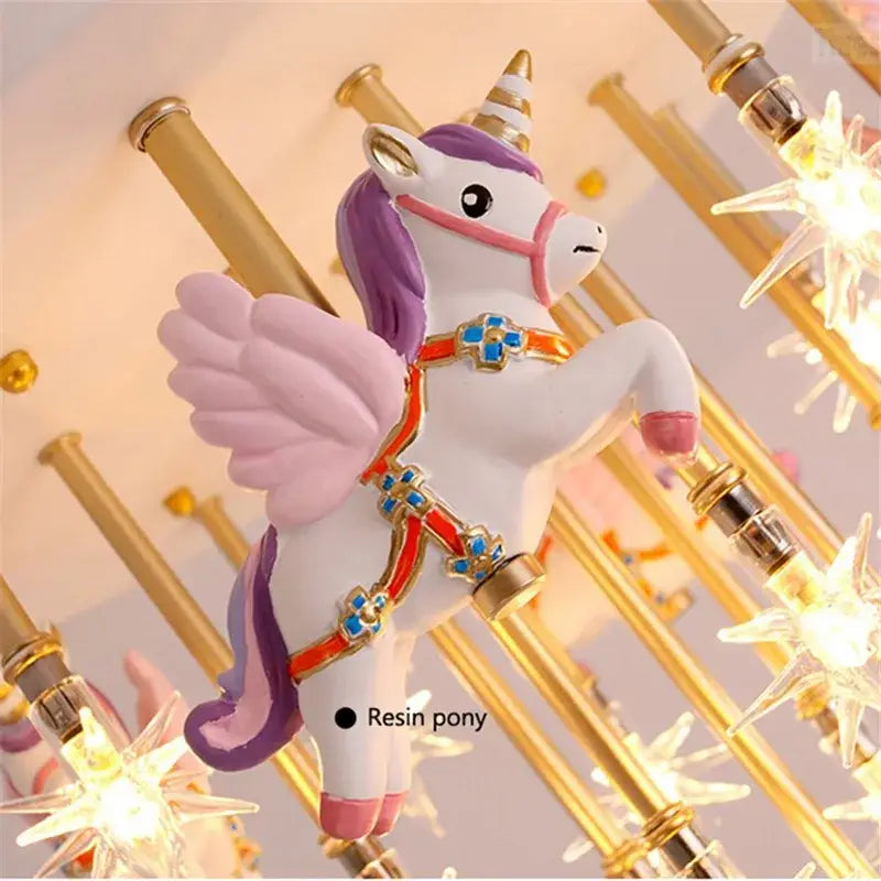 White resin unicorn with purple mane and wings in red harness with blue gems anime animal ceiling light decorbites