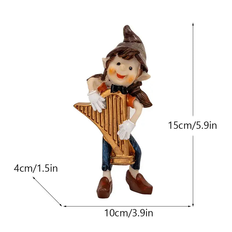 A cheerful elf resin art statue in orange and blue holding a golden harp for decorbites clown resin collection