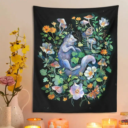 Black tapestry featuring a whimsical blue-gray fox in a vibrant floral garden tapestry for decorbites botanical floral decor