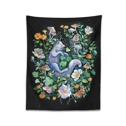 Black tapestry featuring a blue-gray fox with vibrant flowers and butterflies for decorbites botanical floral wall decor