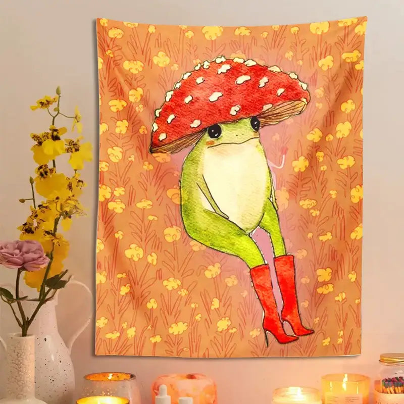 Whimsical orange cute frog cartoon tapestry featuring a green frog with red boots holding a red mushroom for bedroom decorbites decor