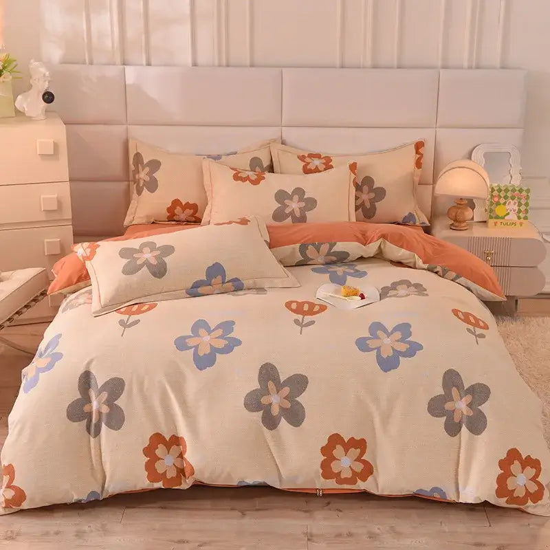 Beige floral bedding set with blue orange and gray blossoms on soft cotton thickened fabric for decorbites cotton thickened use