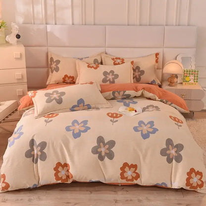 Beige floral bedding set with blue orange and gray blossoms on soft cotton thickened fabric for decorbites cotton thickened use