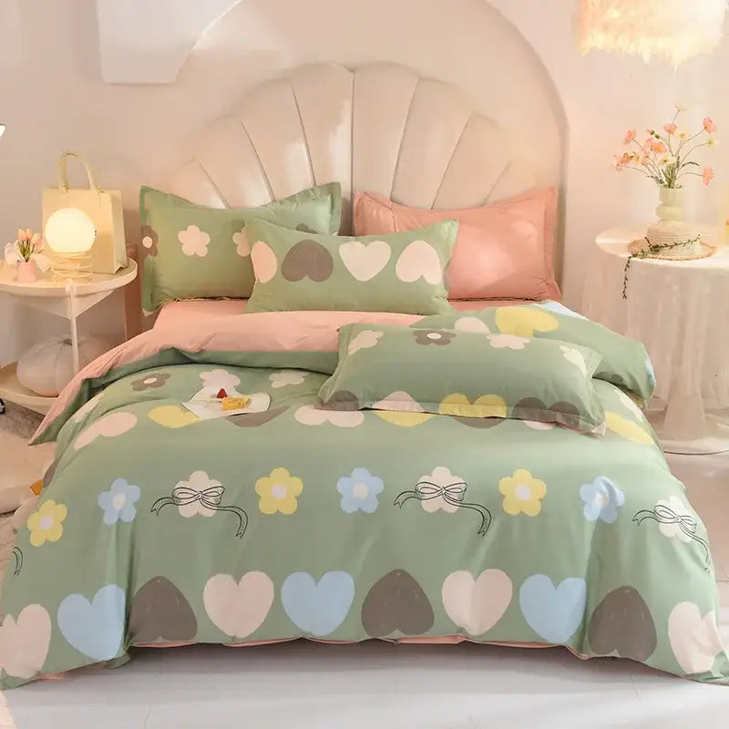 Pastel green floral heart-patterned bedding set made of decorbites cotton thickened fabric for bedroom decor
