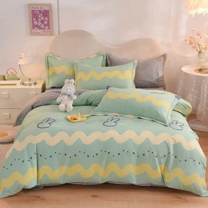 Whimsical pastel mint cotton thickened bedding set featuring mint green and yellow wavy pattern with bunny decorbites cotton thickened