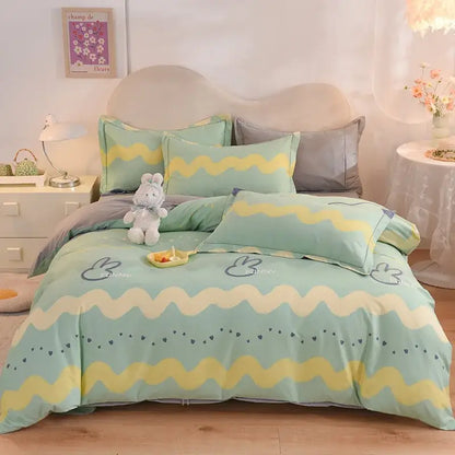 Whimsical pastel mint cotton thickened bedding set featuring mint green and yellow wavy pattern with bunny decorbites cotton thickened