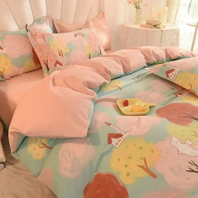 Pastel-colored whimsical pastel mint cotton thickened bedding set featuring houses trees and birds for bedroom decor
