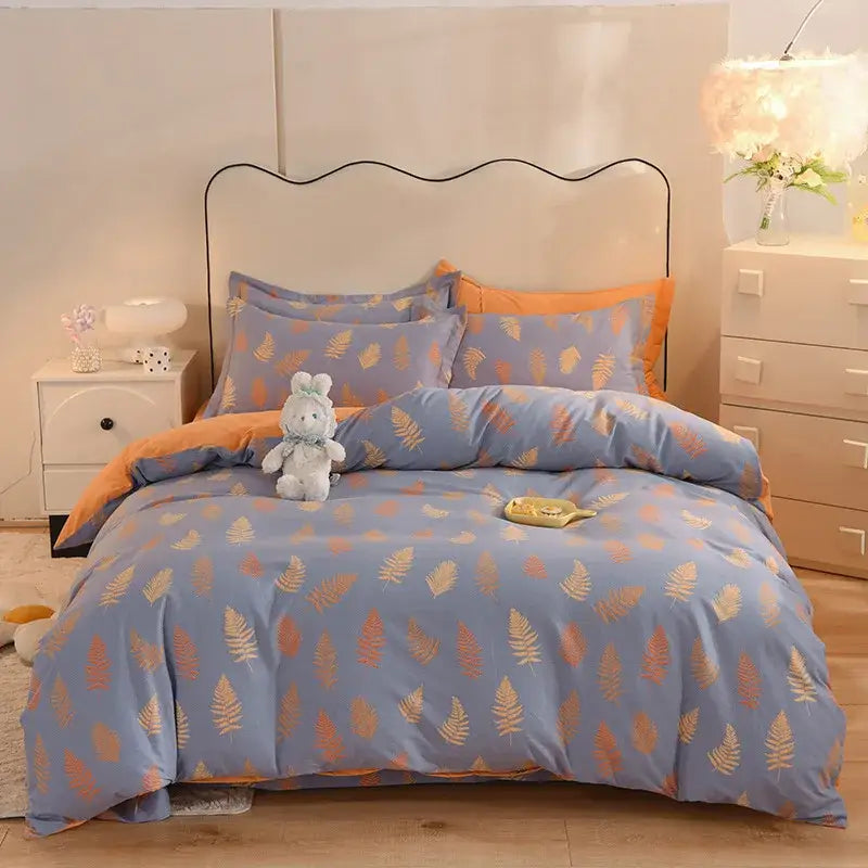 Blue and orange fern-patterned decorbites cotton thickened bedding set with soft cozy texture for whimsical bedroom decor