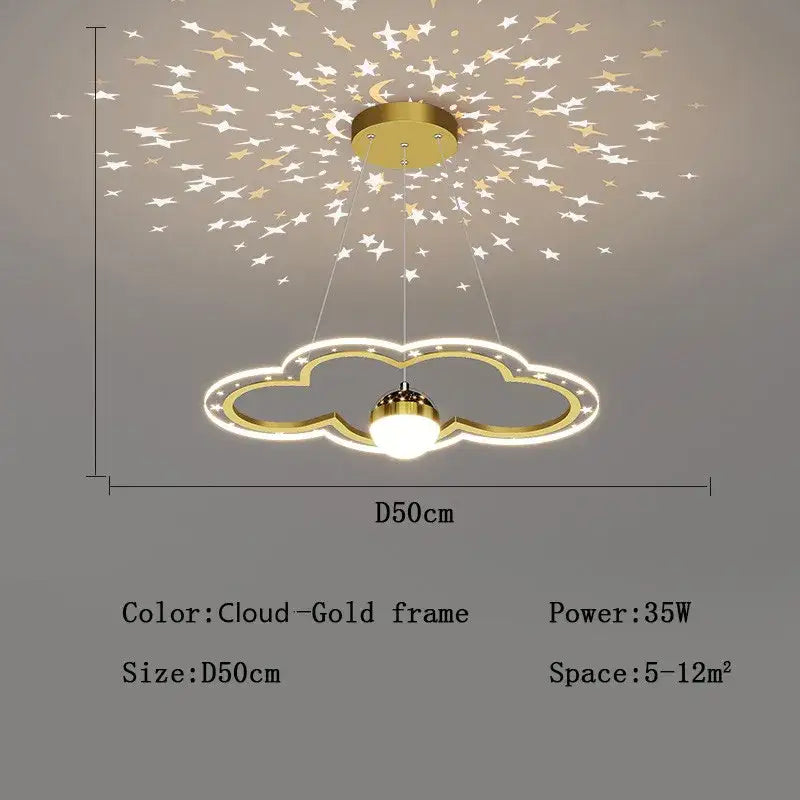 Gold-framed pink cloud flower led chandelier with starry night projection for whimsical bedroom decorbites cloud flower