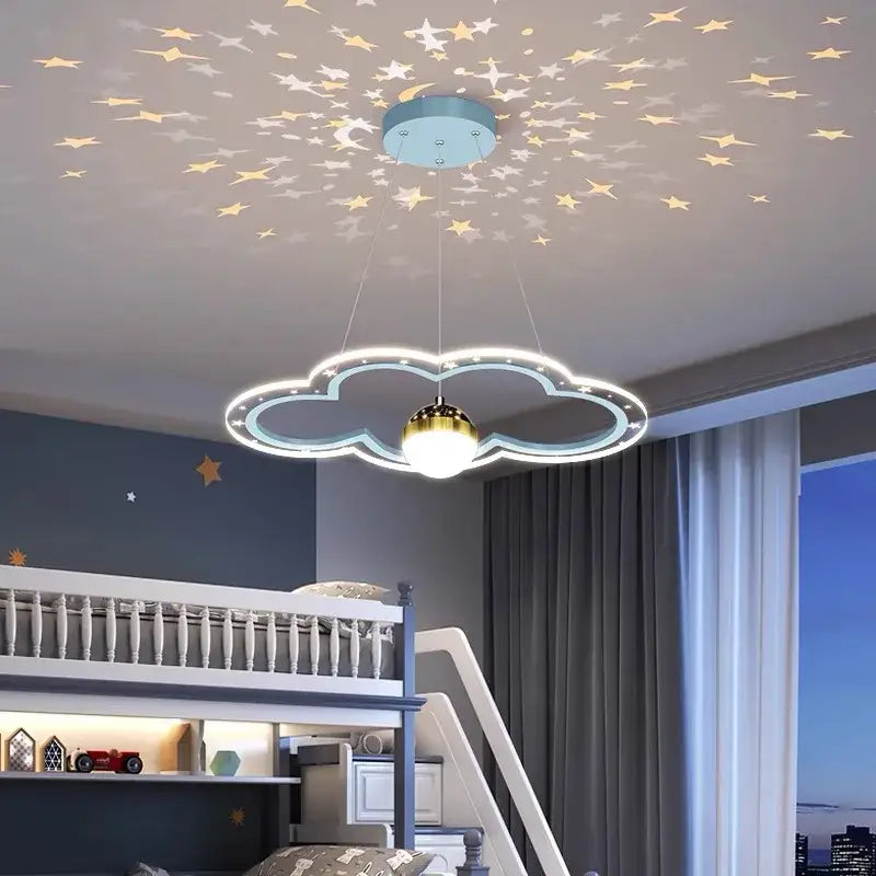 Whimsical pink and gold decorbites cloud flower led chandelier with glowing bulb and starry blue led ceiling light pattern