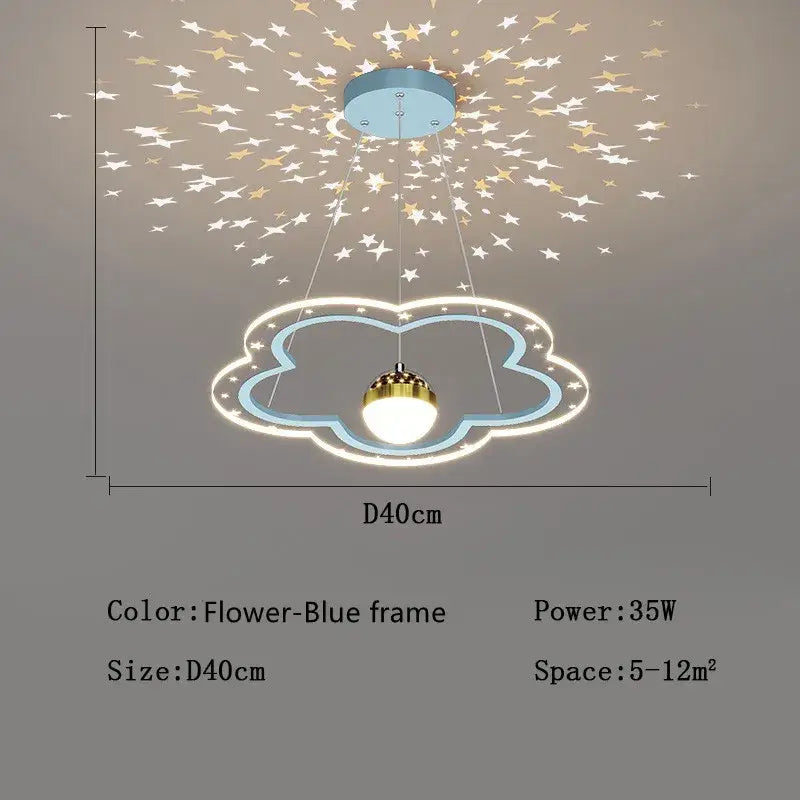 A charming flower blue cloud flower led chandelier with glowing gold bulb and starry projection for bedroom decorbites cloud flower