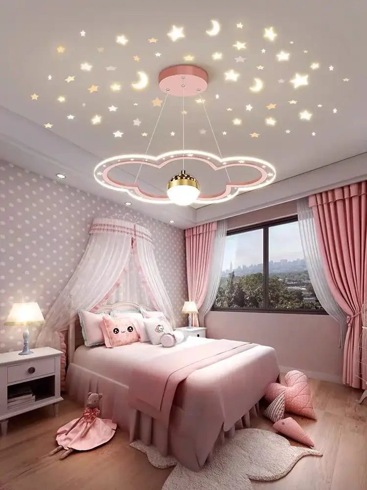 Whimsical pink and gold cloud flower LED chandelier with glowing star and moon decals for bedroom decorbites cloud flower