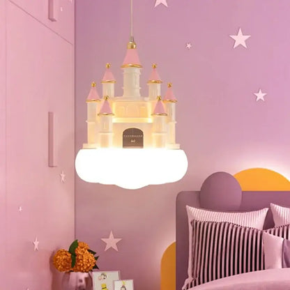 Whimsical pink and white castle kids chandelier led with gold accents suspended in pastel purple bedroom decorbites castle kids