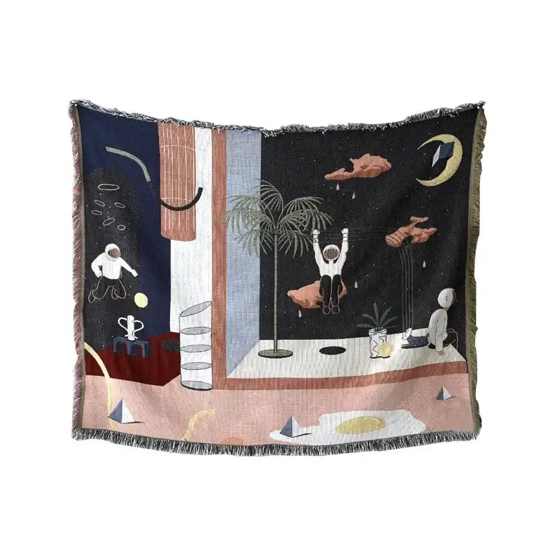 A decorbites knit sofa blanket with a woven surreal space scene featuring astronauts on a black background for living room decor
