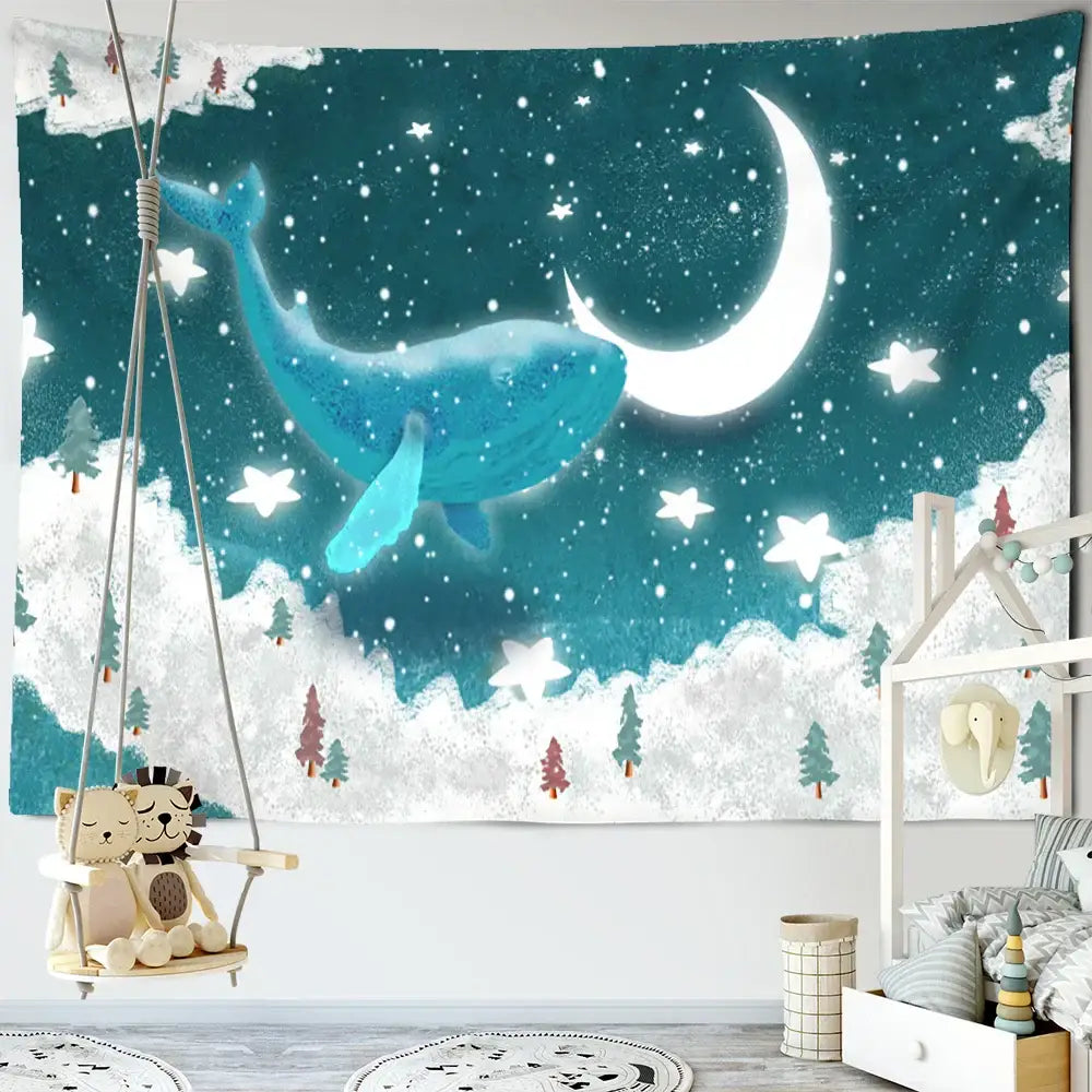 Whimsical teal and white dream whale tapestry wall hanging features a floating blue whale with stars and mountains decorbites dream whale decor