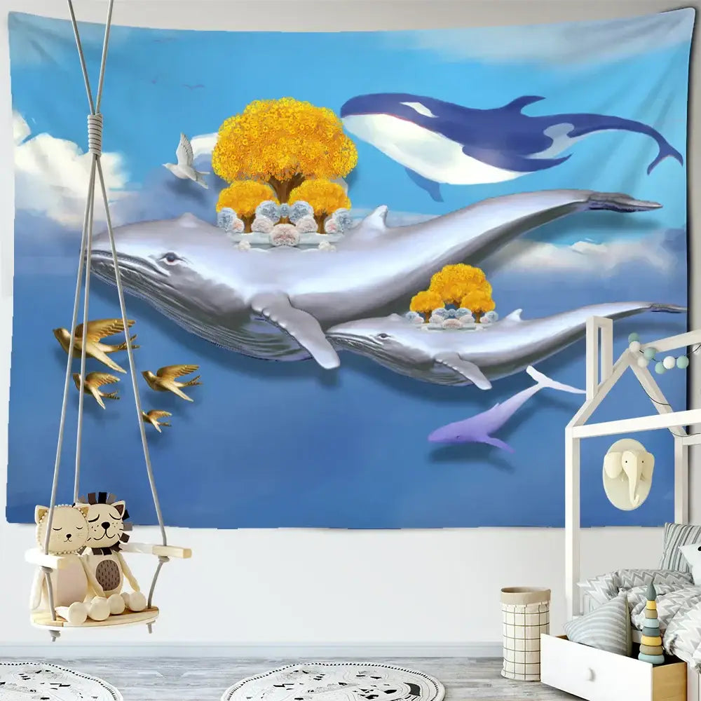 Whimsical teal and white dream whale tapestry wall hanging with golden trees and flying birds for kids room decorbites decor